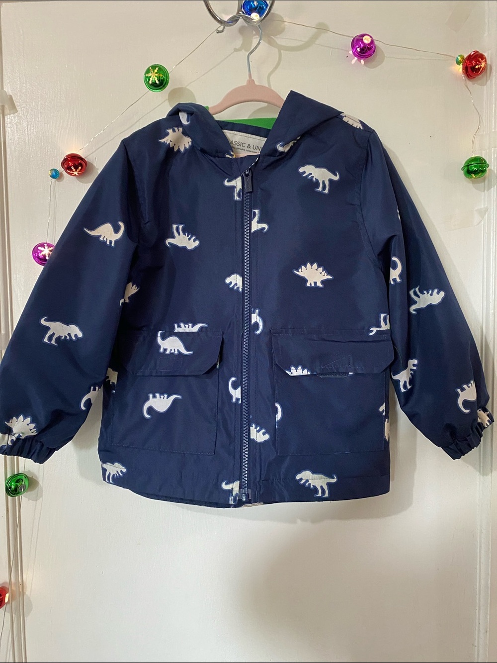 Carter's Navy Hooded Raincoat with White Dinosaur Print
